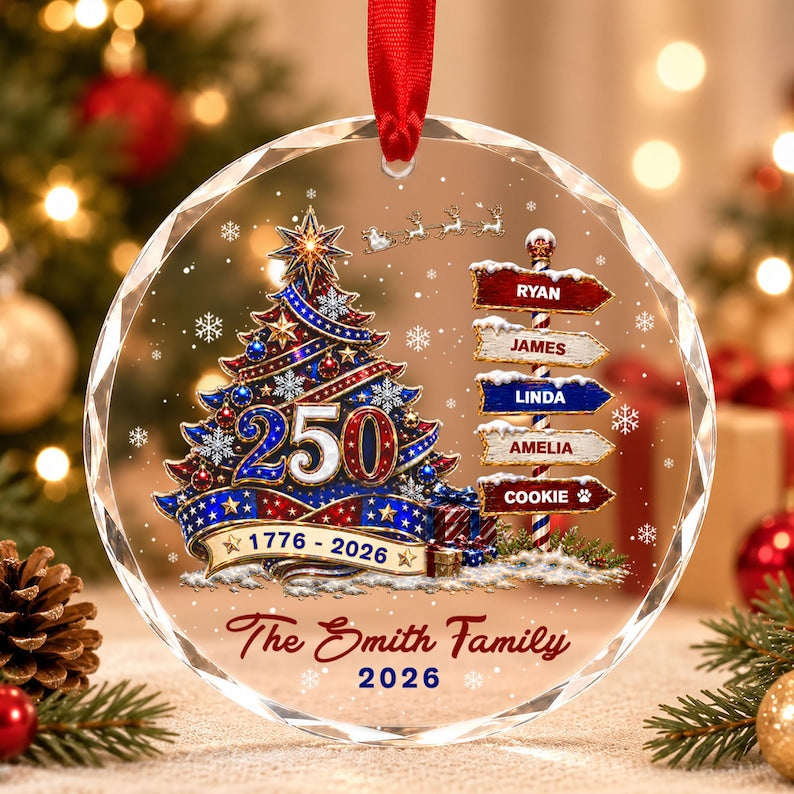 Custom Family Name Christmas Ornament, America 250th Anniversary Ornament, Family With Pet Ornament