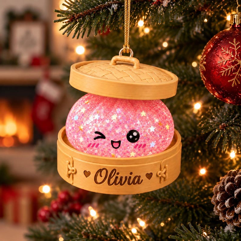 Personalized Glitter Dumpling Ornament, Custom Name Squishy Dumpling Christmas Ornament, Dumpling Lover Gift