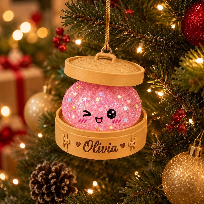 Personalized Glitter Dumpling Ornament, Custom Name Squishy Dumpling Christmas Ornament, Dumpling Lover Gift