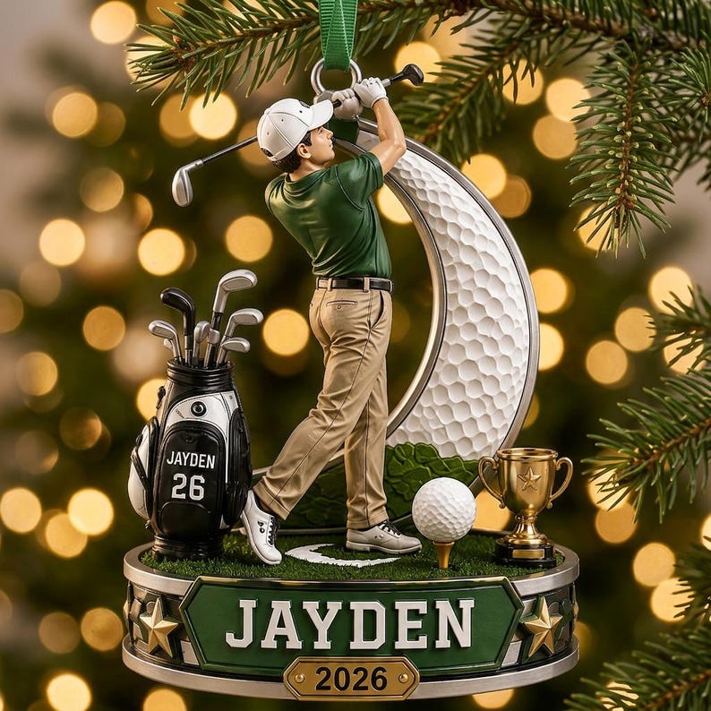 Personalized Golf Ornament, Custom Golfer Christmas Ornament, Name And Year Sports Gift For Golfer