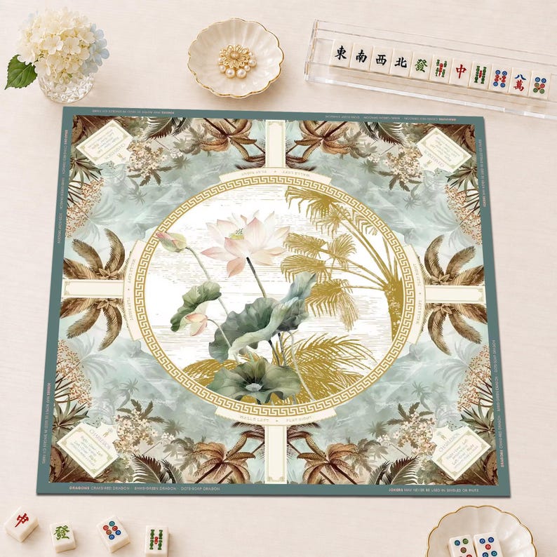 Botanical Lotus Palms Mahjong Mat, Green Gold Tropical Instructional American Mahjong Game Mat