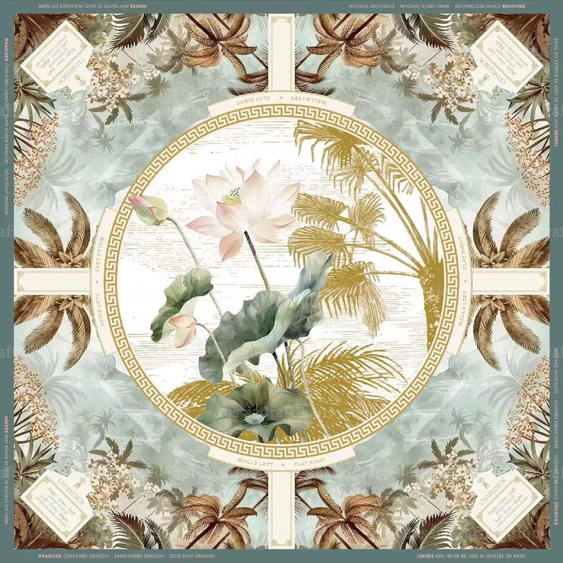 Botanical Lotus Palms Mahjong Mat, Green Gold Tropical Instructional American Mahjong Game Mat