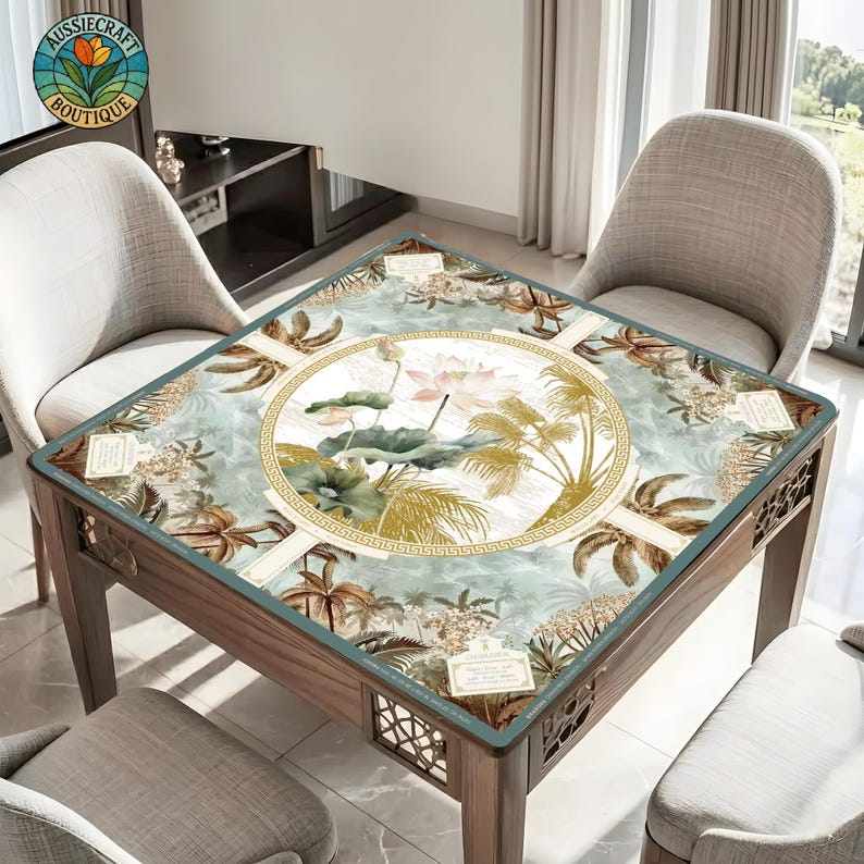 Botanical Lotus Palms Mahjong Mat, Green Gold Tropical Instructional American Mahjong Game Mat