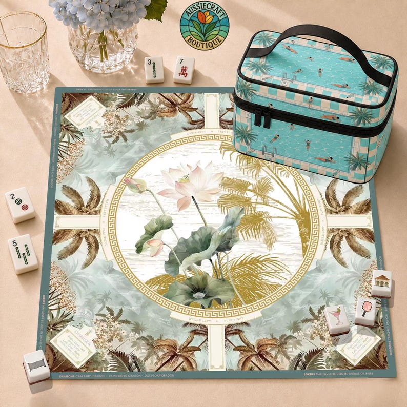 Botanical Lotus Palms Mahjong Mat, Green Gold Tropical Instructional American Mahjong Game Mat