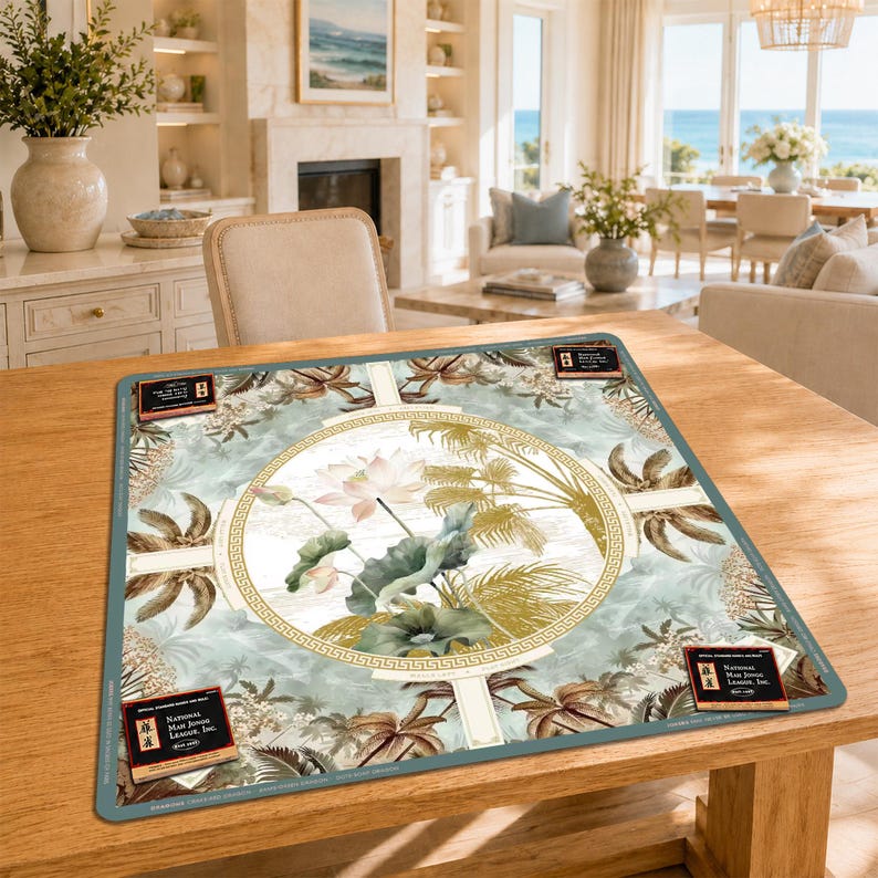 Botanical Lotus Palms Mahjong Mat, Green Gold Tropical Instructional American Mahjong Game Mat