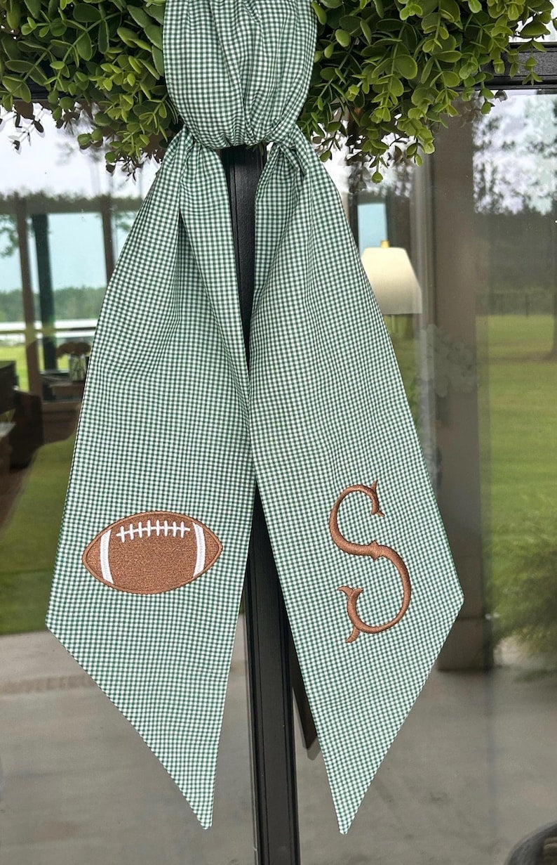 Green Gingham Custom Monogram Football Wreath Sash, Embroidered Game Day Door Bow, Team Spirit Decor