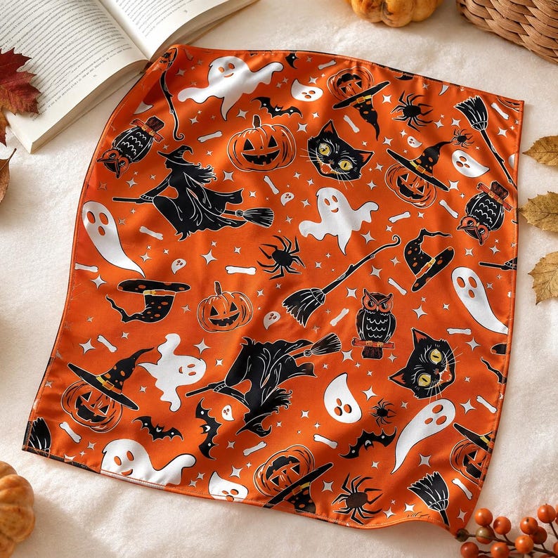 Orange Halloween Bandana, Witch Ghost Pumpkin Satin Scarf, Cute Spooky Hair Scarf, Halloween Head Scarf, Fall Costume Accessory