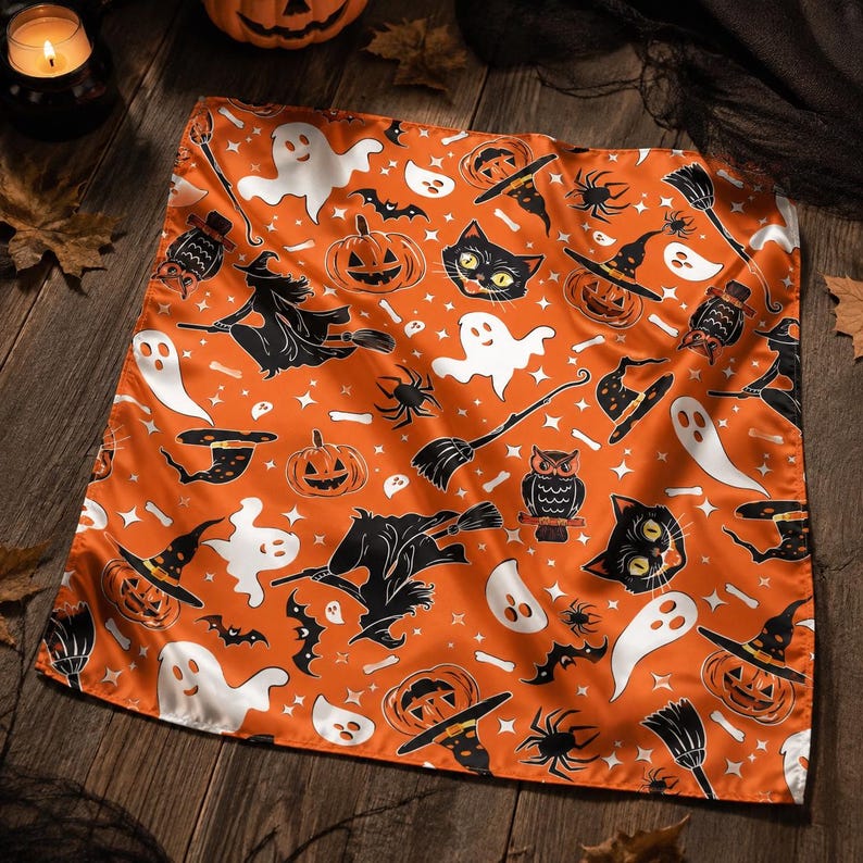Orange Halloween Bandana, Witch Ghost Pumpkin Satin Scarf, Cute Spooky Hair Scarf, Halloween Head Scarf, Fall Costume Accessory