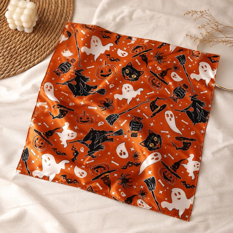 Orange Halloween Bandana, Witch Ghost Pumpkin Satin Scarf, Cute Spooky Hair Scarf, Halloween Head Scarf, Fall Costume Accessory