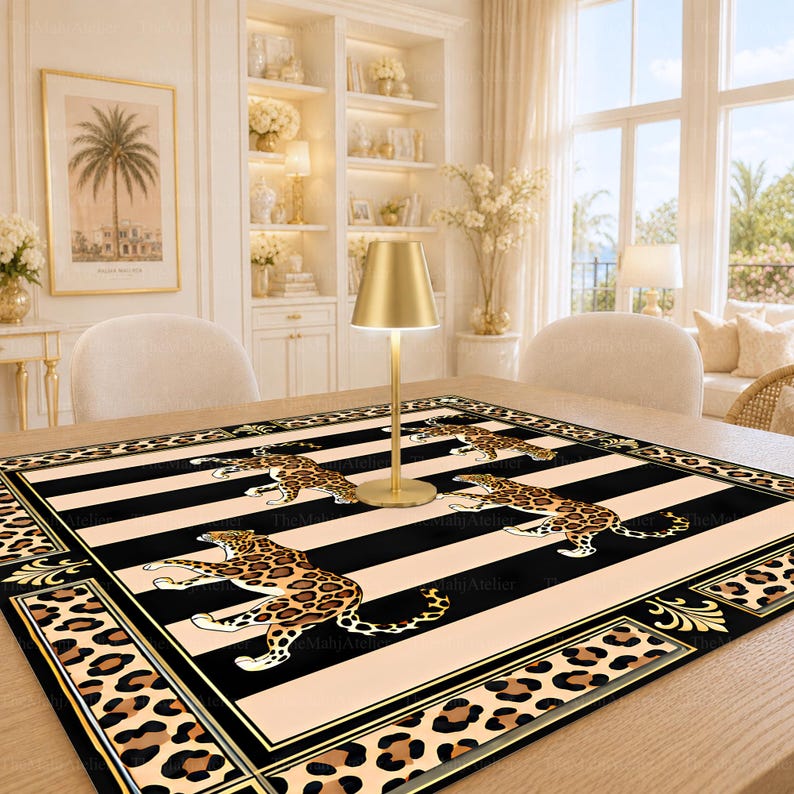 Leopard Glam Mahjong Mat, Luxury Animal Print Mat for American Mah Jongg, Elegant Game Table Cover