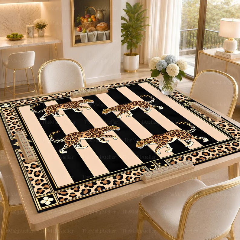 Leopard Glam Mahjong Mat, Luxury Animal Print Mat for American Mah Jongg, Elegant Game Table Cover