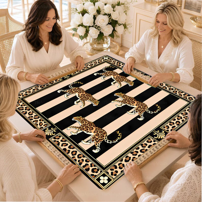 Leopard Glam Mahjong Mat, Luxury Animal Print Mat for American Mah Jongg, Elegant Game Table Cover