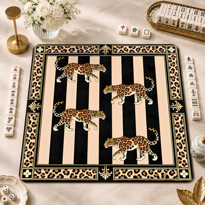 Leopard Glam Mahjong Mat, Luxury Animal Print Mat for American Mah Jongg, Elegant Game Table Cover