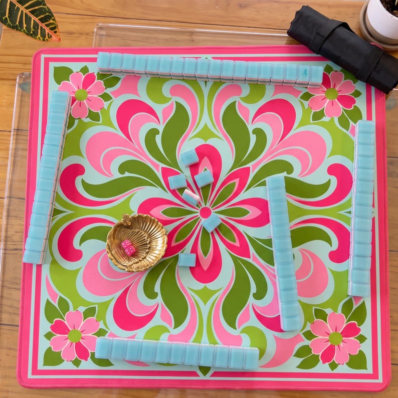 The Day Dreamer Retro Mahjong Mat, Pink Green Groovy Floral Playmat, Non Slip American Mahjong Table Cover