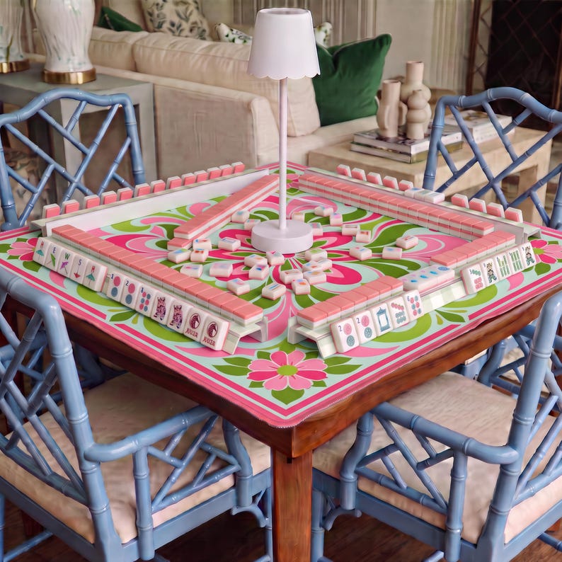 The Day Dreamer Retro Mahjong Mat, Pink Green Groovy Floral Playmat, Non Slip American Mahjong Table Cover