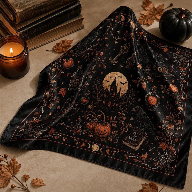 Vintage Halloween Satin Scarf, Orange Pumpkin Bandana, Witchy Hair Wrap, Spooky Season Neck Scarf, Fall Gift