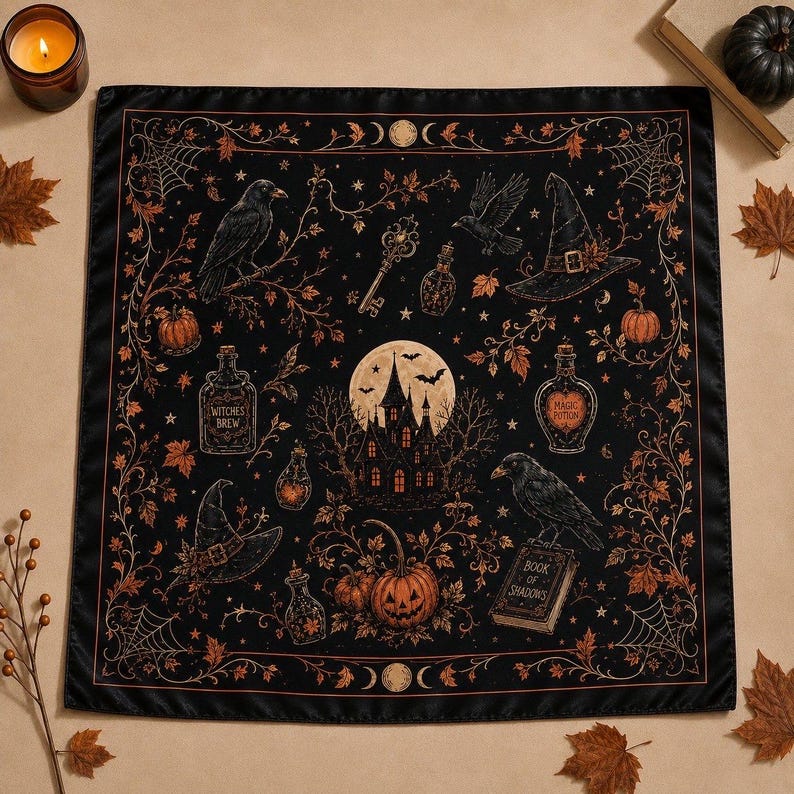 Vintage Halloween Satin Scarf, Orange Pumpkin Bandana, Witchy Hair Wrap, Spooky Season Neck Scarf, Fall Gift