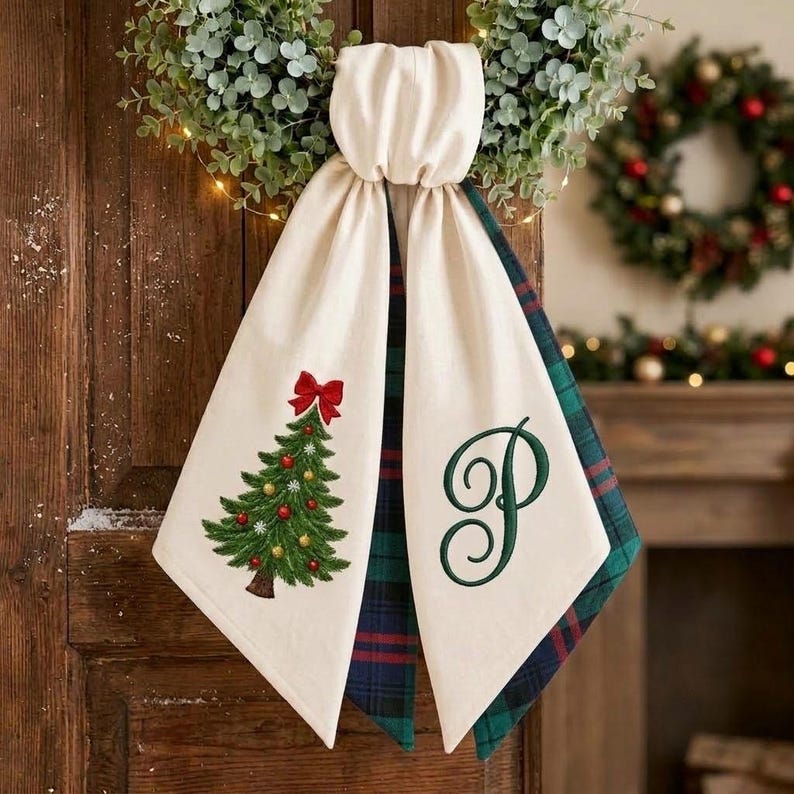 Monogram Christmas Wreath Sash, Embroidered Tree Tartan Plaid Holiday Door Decor, Custom Front Door Bow