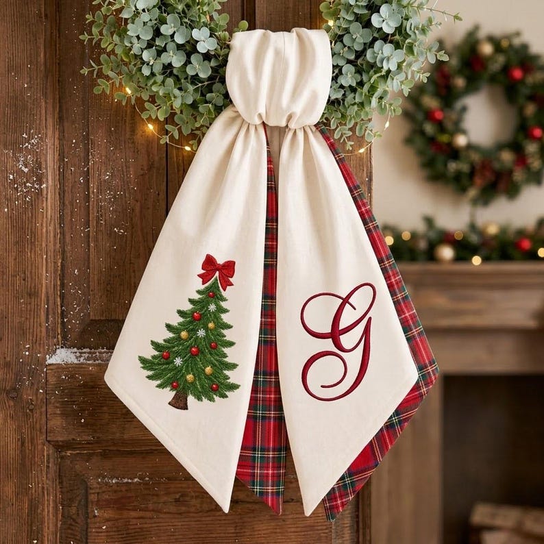 Monogram Christmas Wreath Sash, Embroidered Tree Tartan Plaid Holiday Door Decor, Custom Front Door Bow