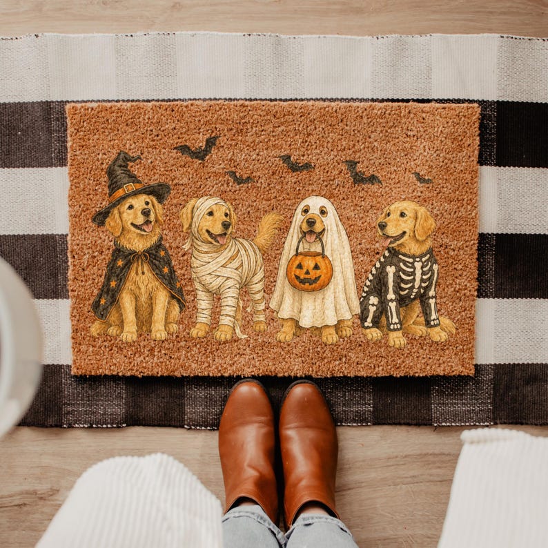 Halloween Golden Dog Coir Doormat, Golden Dog Coir Welcome Mat, Fall Front Porch Decor, Funny Fall Porch Decor