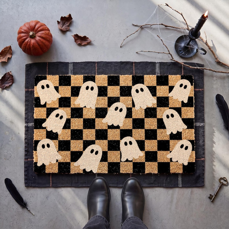 Checkerboard Ghost Coir Doormat, Halloween Welcome Mat, Spooky Front Door Decor