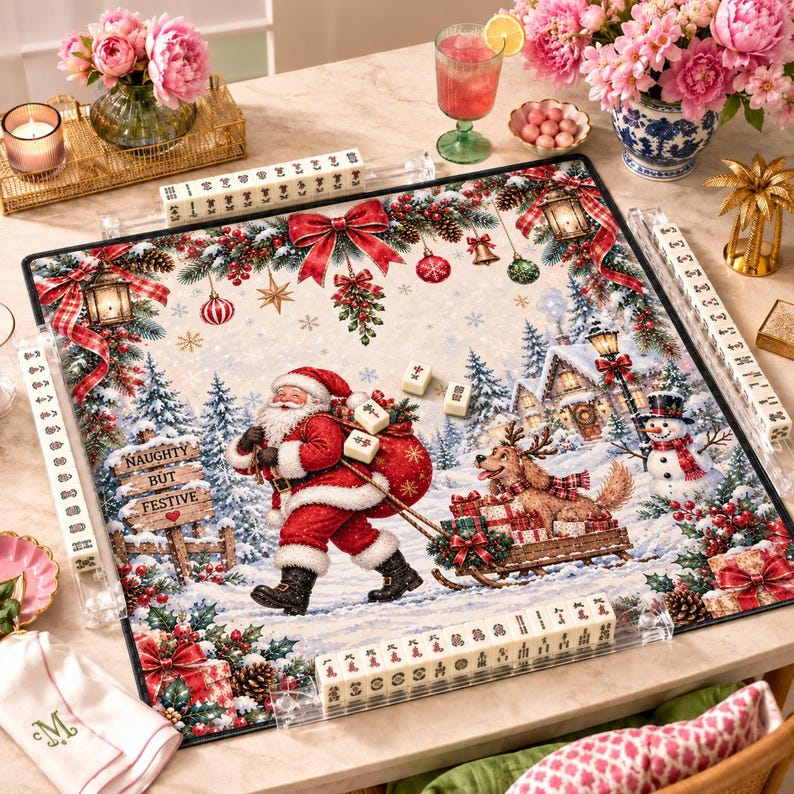 Festive Christmas Mahjong Mat, Holiday Table Mahjong, Winter Wonderland Board Game Accessories Gift