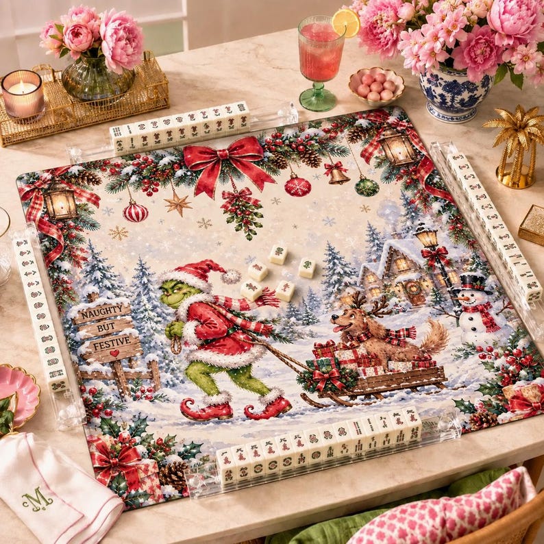Festive Christmas Mahjong Mat, Holiday Table Mahjong, Winter Wonderland Board Game Accessories Gift
