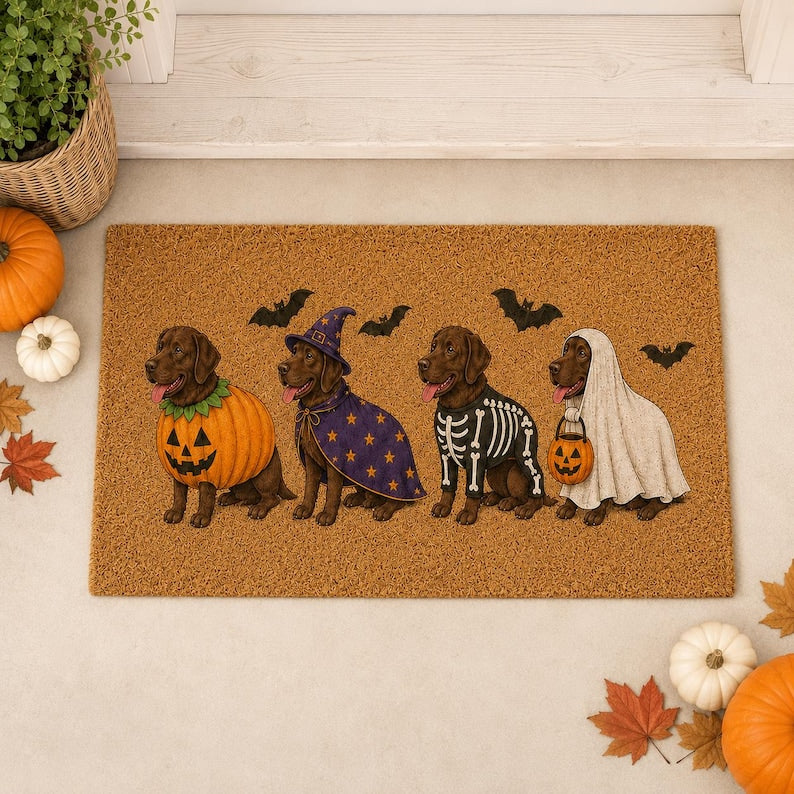 Chocolate Lab Halloween Dog Coir Doormat, Cute Costumed Labrador Doormat, Ghost Skeleton Witch Pumpkin Home Decor