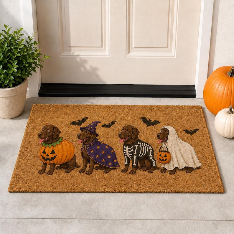 Chocolate Lab Halloween Dog Coir Doormat, Cute Costumed Labrador Doormat, Ghost Skeleton Witch Pumpkin Home Decor