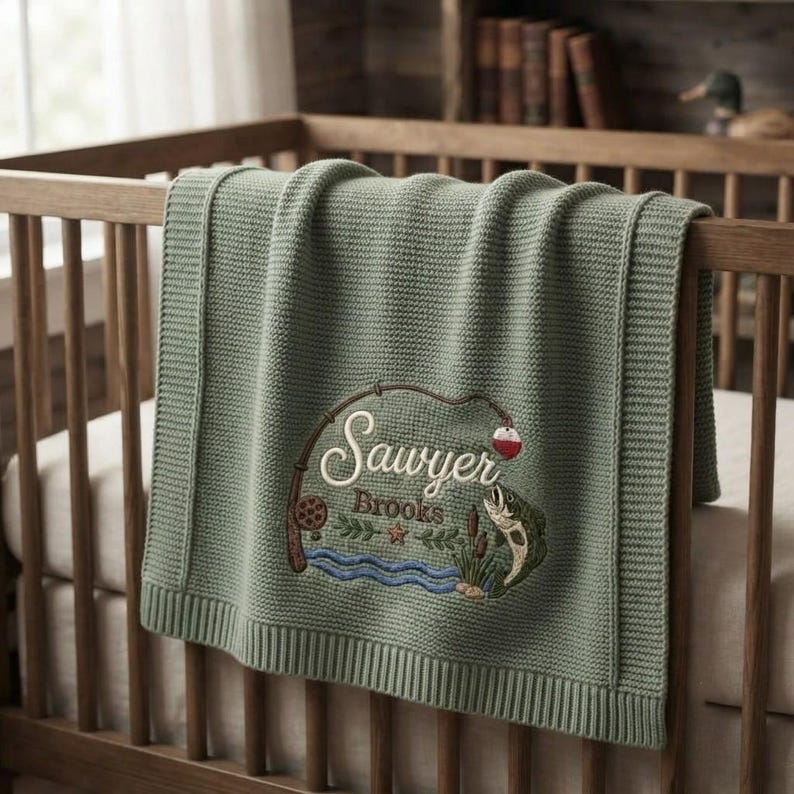 Personalized Fishing Baby Blanket Name, Custom Embroidered Fishing Rod Fish Baby Shower Gift, Welcome Baby Blanket