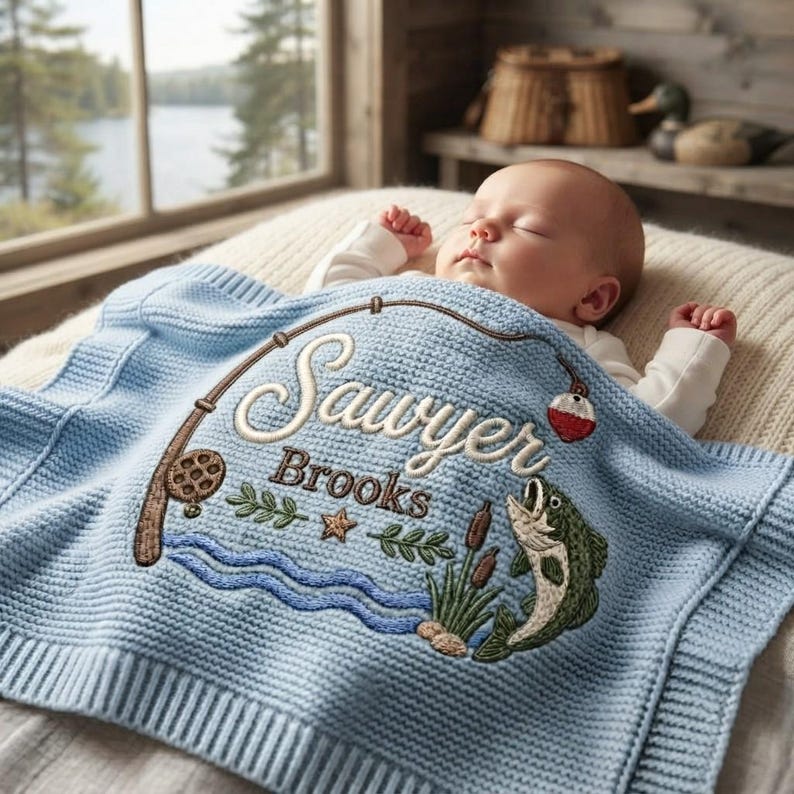 Personalized Fishing Baby Blanket Name, Custom Embroidered Fishing Rod Fish Baby Shower Gift, Welcome Baby Blanket