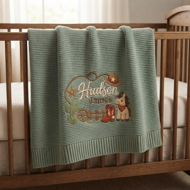 Personalized Cowboy Horse Baby Blanket Name, Custom Embroidered Cowboy Hat Boot Baby Shower Gift