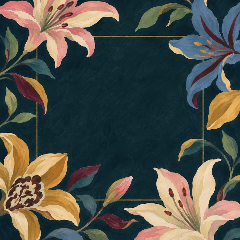 Navy Lily Mahjong Mat, American Mahjong Mat, Moody Botanical Floral Border, Grandmillennial Mahjong Gift