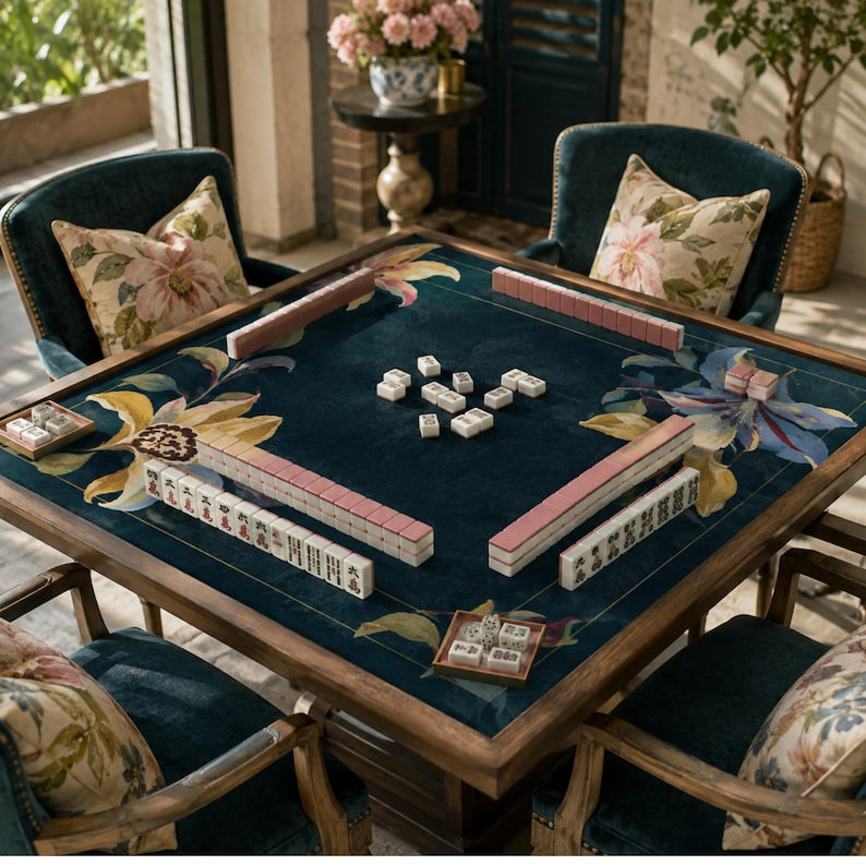 Navy Lily Mahjong Mat, American Mahjong Mat, Moody Botanical Floral Border, Grandmillennial Mahjong Gift