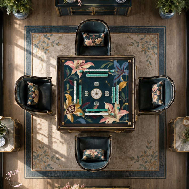 Navy Lily Mahjong Mat, American Mahjong Mat, Moody Botanical Floral Border, Grandmillennial Mahjong Gift