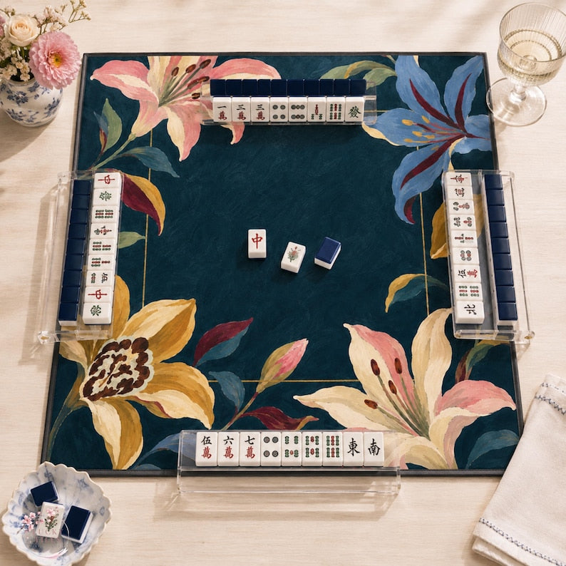 Navy Lily Mahjong Mat, American Mahjong Mat, Moody Botanical Floral Border, Grandmillennial Mahjong Gift