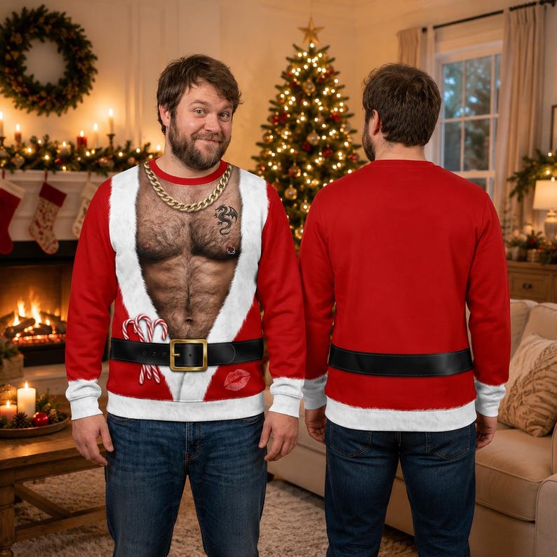 Funny Hairy Santa 3D Sweater, Fake Abs Ugly Christmas Sweatshirt, Hilarious Holiday Gag Gift for Husband