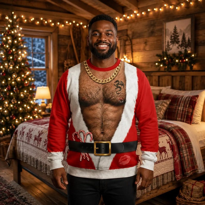 Funny Hairy Santa 3D Sweater, Fake Abs Ugly Christmas Sweatshirt, Hilarious Holiday Gag Gift for Husband