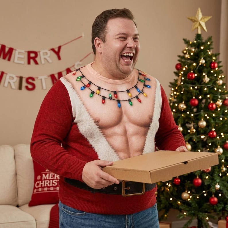 Funny Santa Abs Ugly Sweater, Hairy Chest 3D Print Holiday Party Gift, Christmas Gag Gift, Men Women Crewneck Pullover
