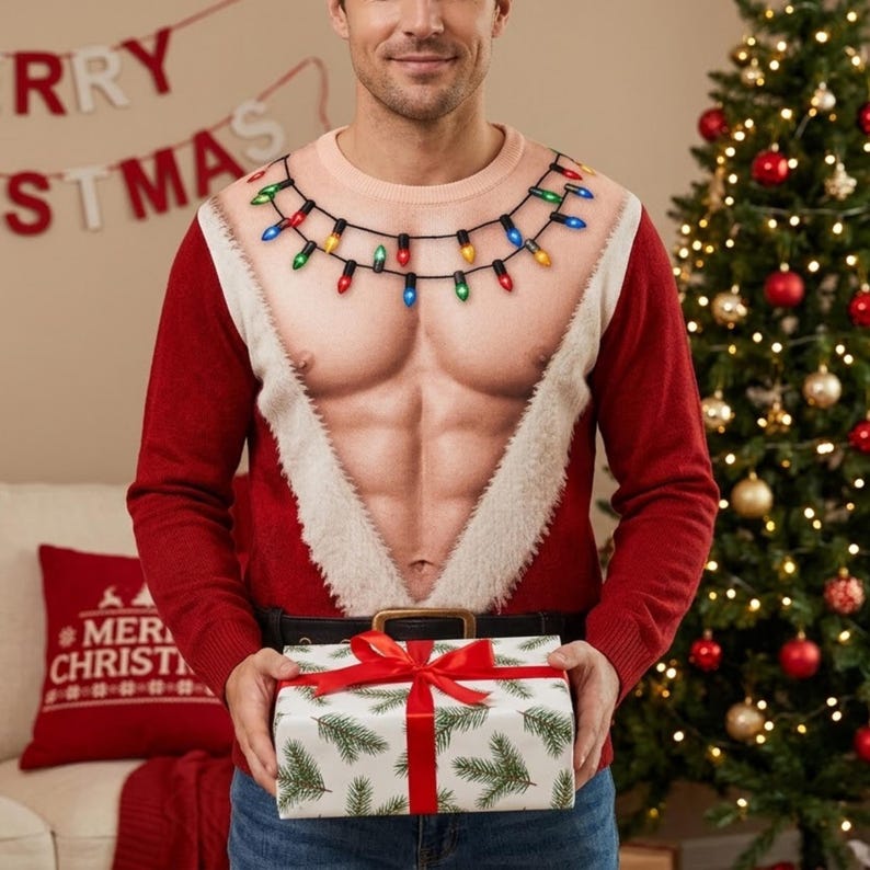 Funny Santa Abs Ugly Sweater, Hairy Chest 3D Print Holiday Party Gift, Christmas Gag Gift, Men Women Crewneck Pullover