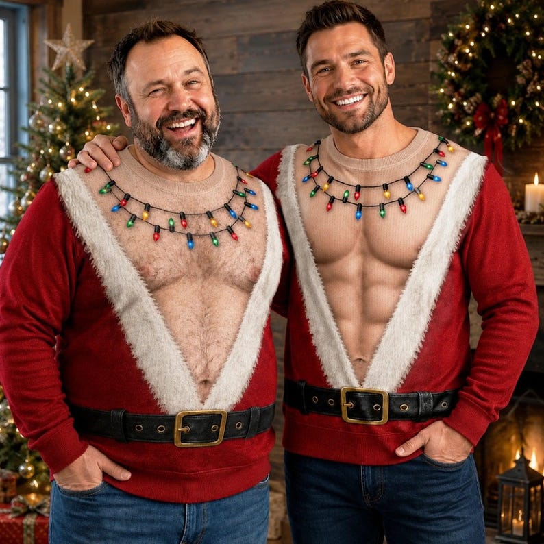 Funny Santa Abs Ugly Sweater, Hairy Chest 3D Print Holiday Party Gift, Christmas Gag Gift, Men Women Crewneck Pullover