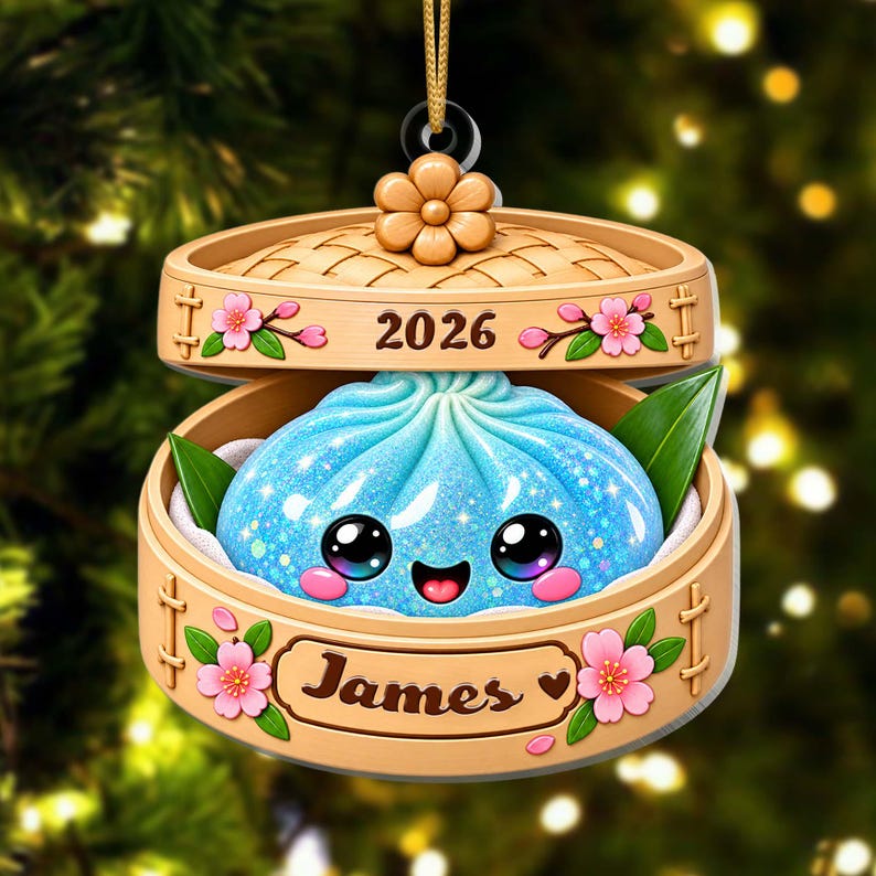 Personalized Glitter Dumpling Ornament, Bamboo Steamer, 2026 Xmas Keepsake