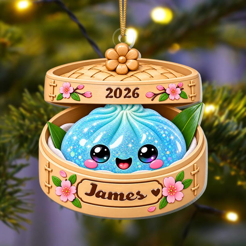 Personalized Glitter Dumpling Ornament, Bamboo Steamer, 2026 Xmas Keepsake