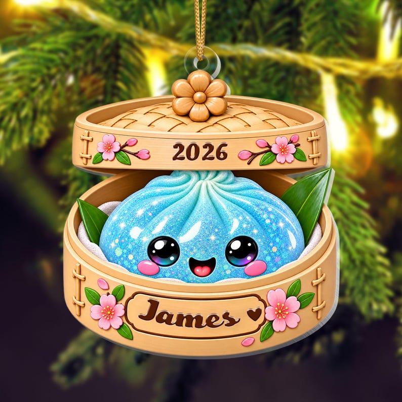 Personalized Glitter Dumpling Ornament, Bamboo Steamer, 2026 Xmas Keepsake