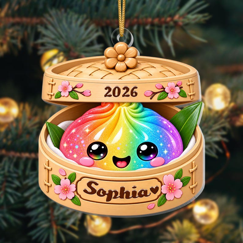 Personalized Glitter Dumpling Ornament, Bamboo Steamer, 2026 Xmas Keepsake