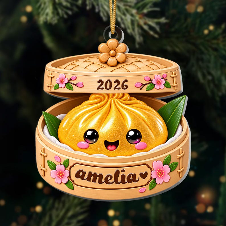 Personalized Glitter Dumpling Ornament, Bamboo Steamer, 2026 Xmas Keepsake