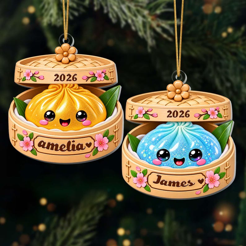 Personalized Glitter Dumpling Ornament, Bamboo Steamer, 2026 Xmas Keepsake
