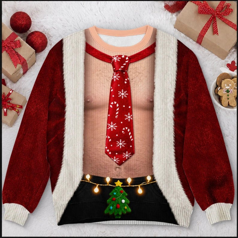 Funny Santa Abs Ugly Sweater, Hairy Chest 3D Print Holiday Party Gift, Christmas Gag Gift, Men Women Crewneck Pullover