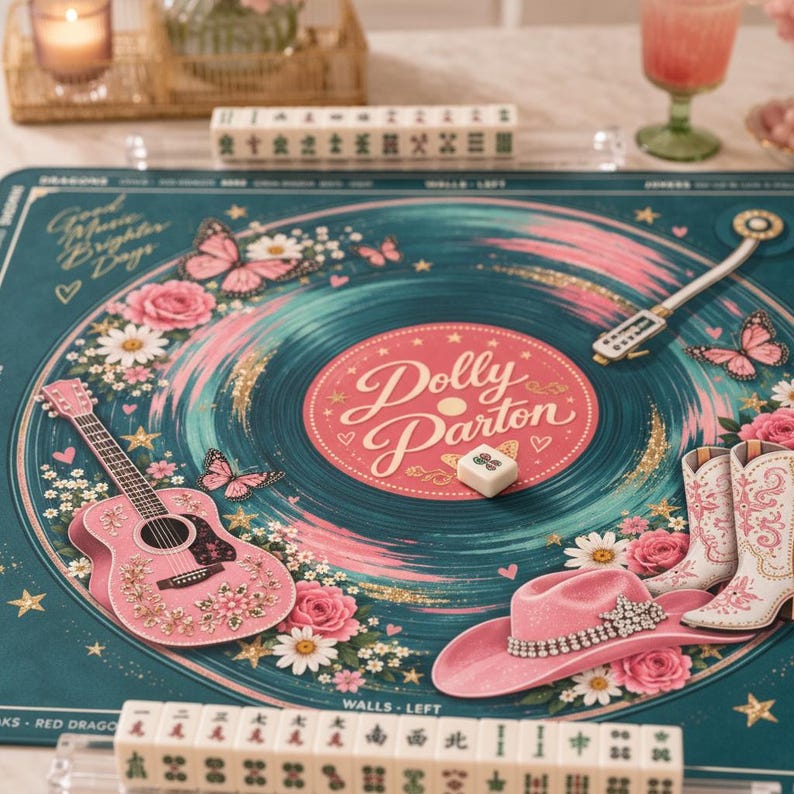D.P Mahjong Mat, Country Music Game Night, Unique Mahjong Gift, Vibrant Record Player Design