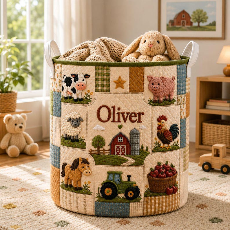 Personalized Farm Animal Quilt Laundry Basket, Custom Name Barnyard Hamper, Cow Pig Sheep Horse Storage Bin